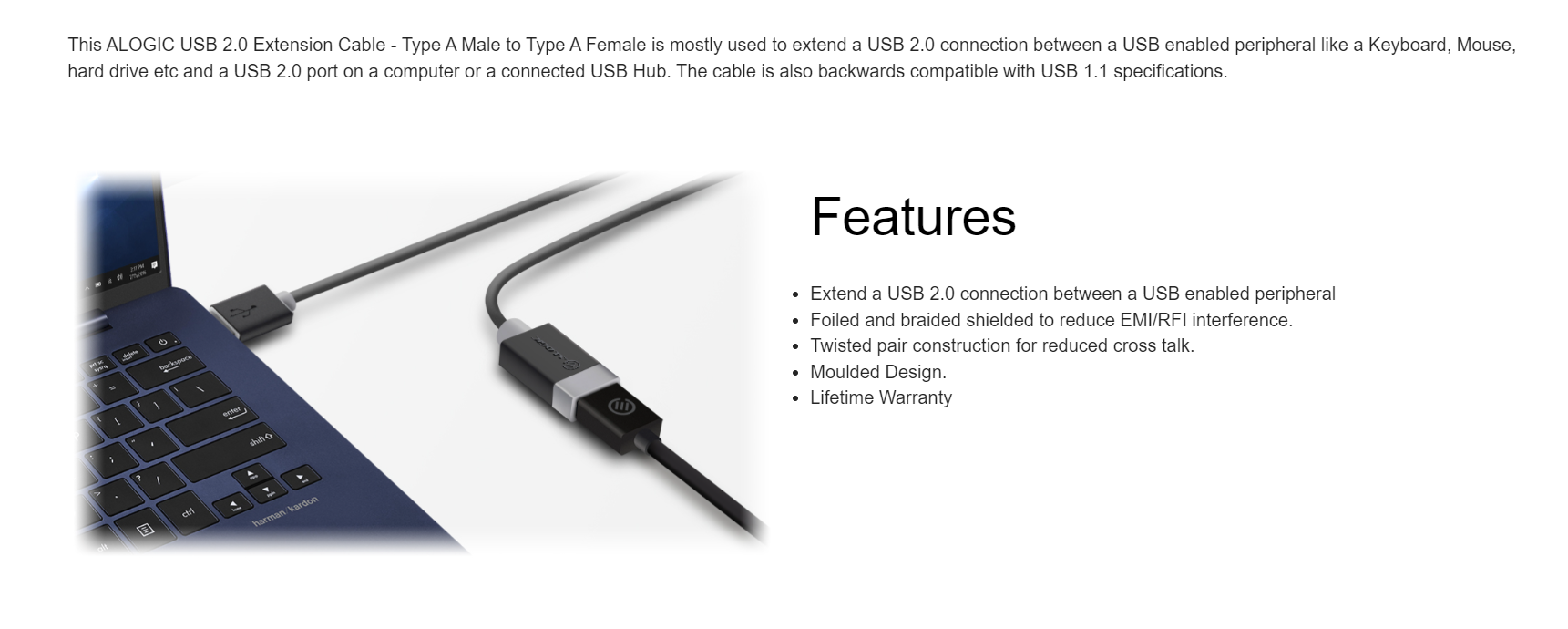A large marketing image providing additional information about the product ALOGIC USB 2.0 Type-A M-F 2m Extension Cable - Additional alt info not provided